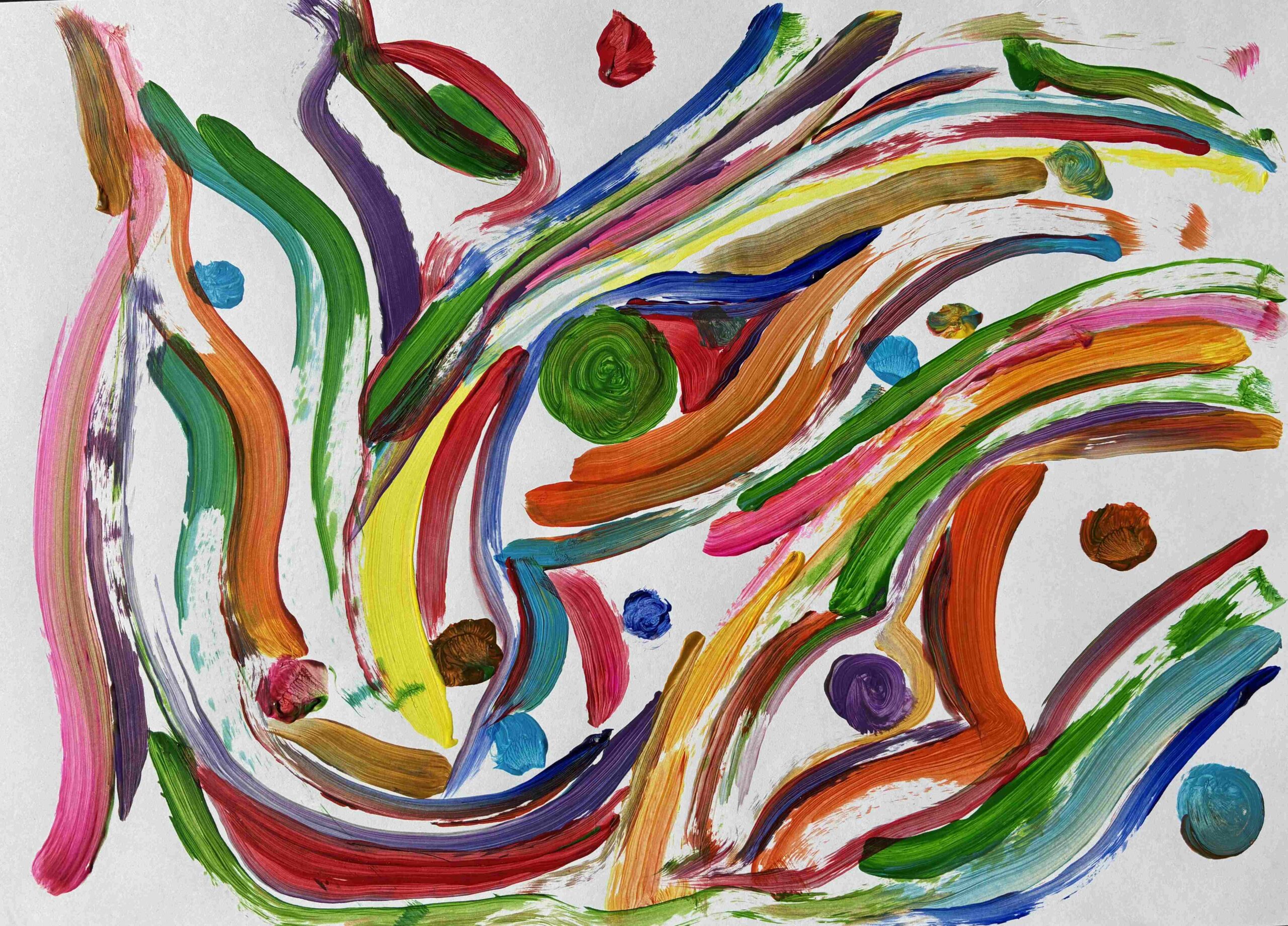 この絵は、この「お絵描きの会」の公式サイトを象徴する絵です。 多様性を表すかのように、白い下地にカラフルで鮮やかなアクリルで、さまざまな曲線や点が触れ合ったり離れたり密になっていたり粗になったりしています。 ただし、説明にあるように、ルールは「交互に描く」としようと、考案者が独りで試みた作品であり、他の作品とは一線を画します。 「お絵描きの会」の意義を広めるための考案者の決意表明として、「最初は誰もが独りではじめるのかもしれない」とは伝えたいのです。